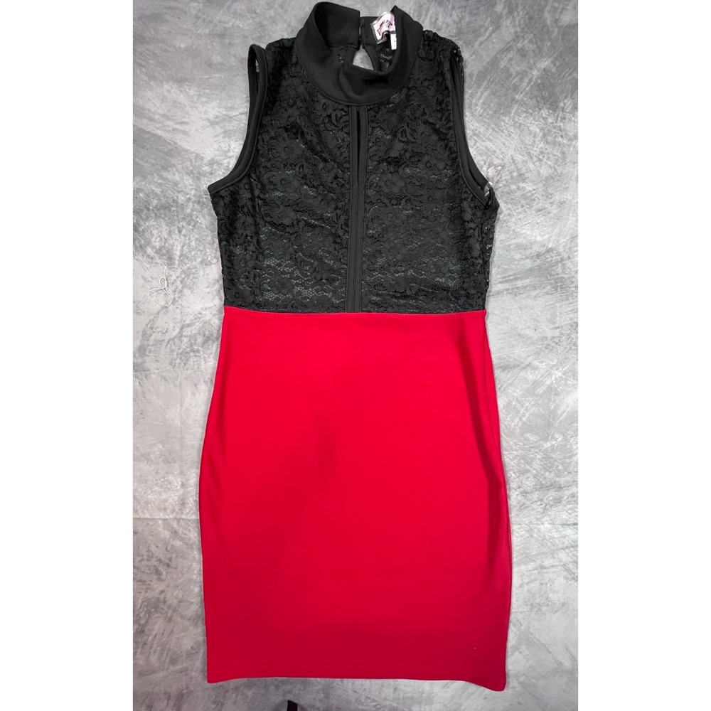 Oona & Maud Shift Dress Women Large Red Black Lace Bodice High Neck Keyhole Back